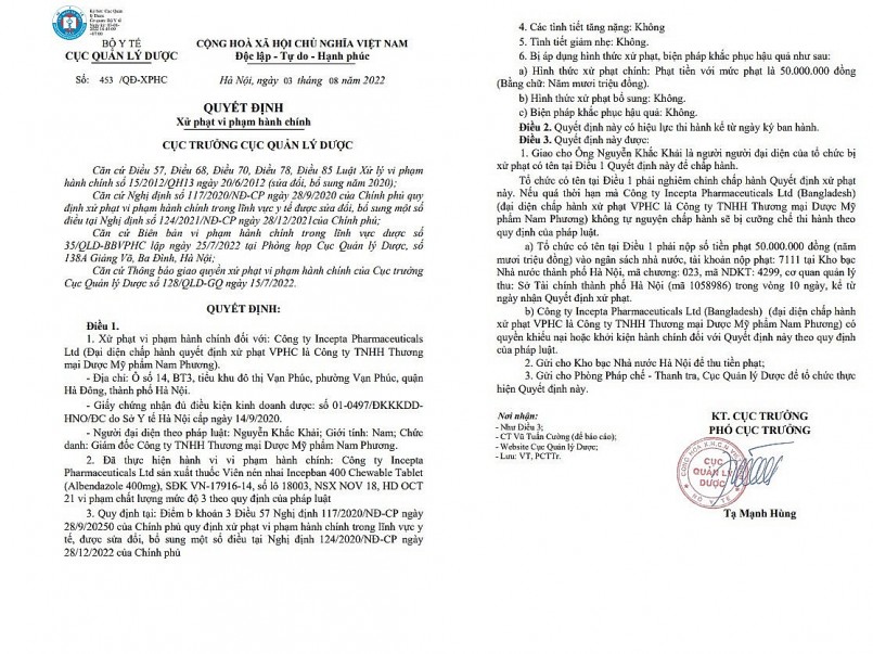 Thu hồi thuốc tẩy giun Incepban 400 Chewable Tablet không đạt chất lượng