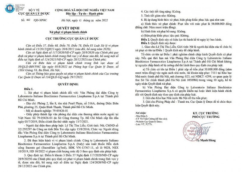 Xử phạt 50 triệu đồng công ty sản xuất thuốc Hỗn dịch uống Sucrate gel kém chất lượng Xử phạt 50 triệu đồng công ty sản xuất thuốc Hỗn dịch uống Sucrate gel kém chất lượng