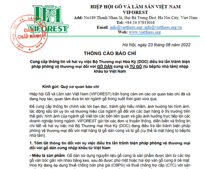 Thông cáo báo chí của VIFOREST. Thông cáo báo chí của VIFOREST.