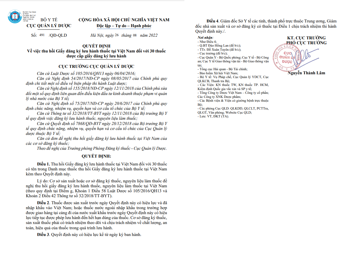 Thu hồi giấy đăng ký lưu hành 30 loại thuốc tại Việt Nam