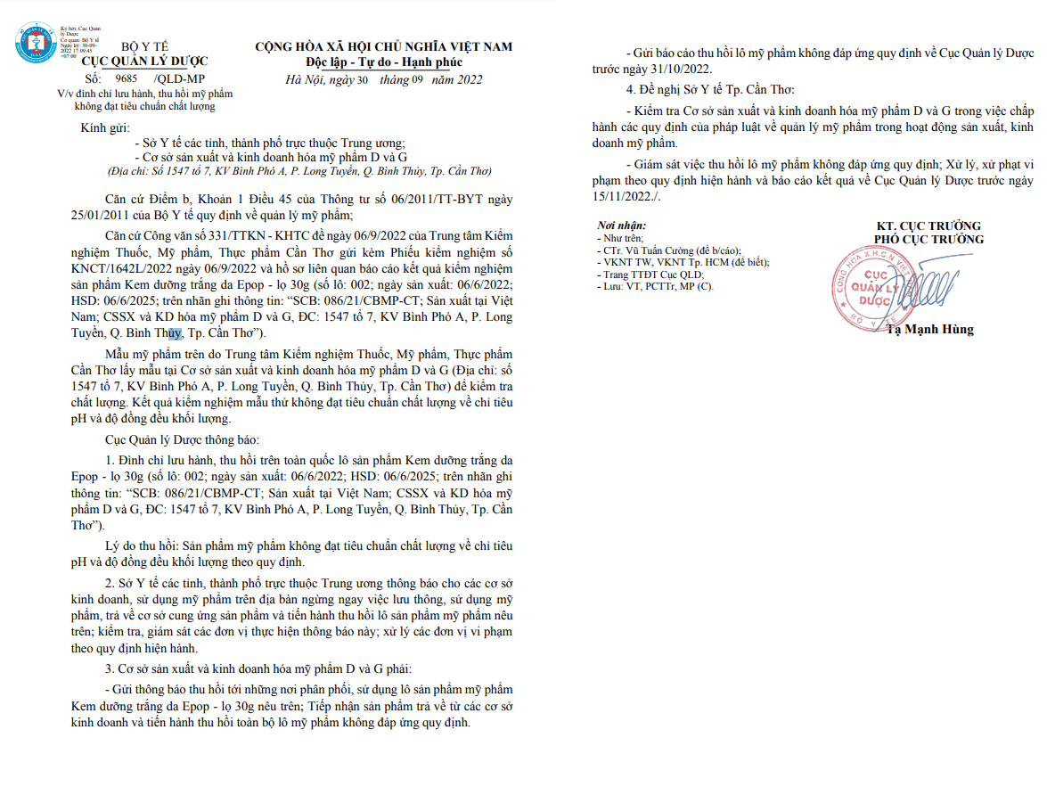 Thu hồi kem dưỡng trắng da Epop không đạt tiêu chuẩn