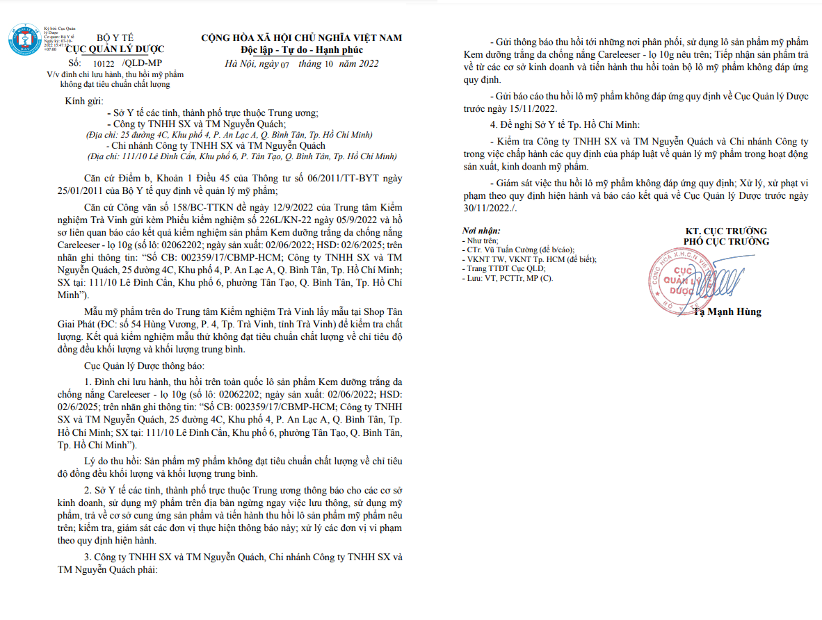 Thu hồi toàn quốc sản phẩm Kem dưỡng trắng da chống nắng Careleeser