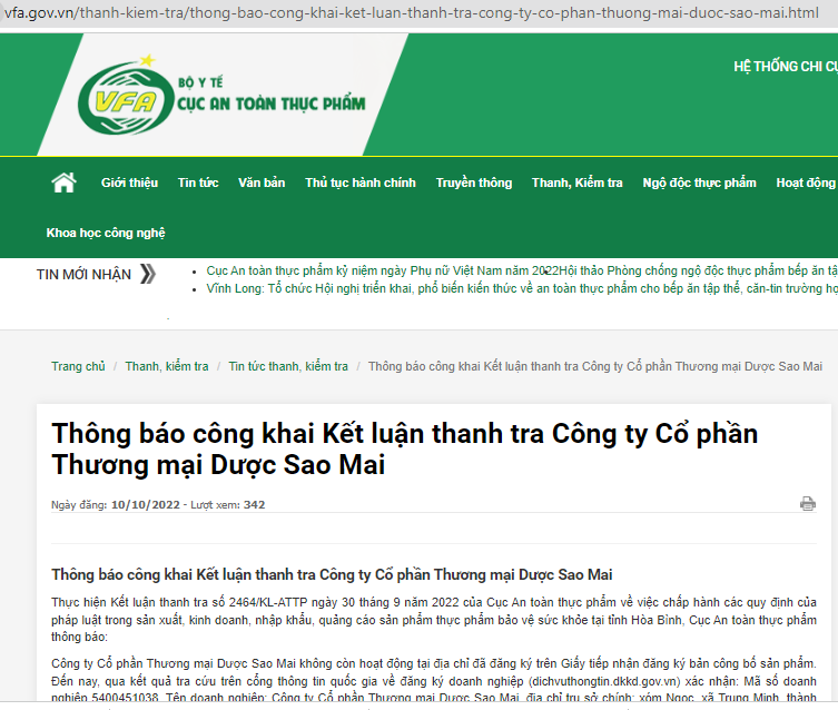 Cảnh báo của Bộ Y tế đối với Công ty Cổ phần Thương mại Dược Sao Mai