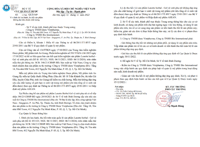 Thu hồi toàn quốc lô gel vệ sinh phụ nữ Lanette herbal không đảm bảo chất lượng