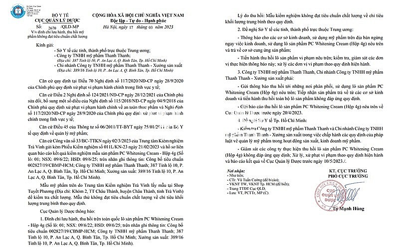 Thu hồi mỹ phẩm không đạt tiêu chuẩn chất lượng của Công ty mỹ phẩm Thanh Thanh