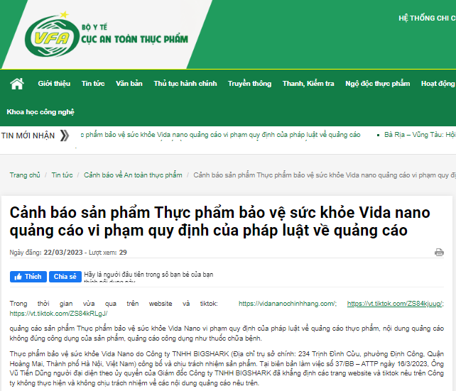 TPBVSK Vida Nano của BIGSHARK bị cảnh báo vi phạm quy định của pháp luật