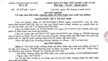 Thu hồi giấy chứng nhận sản xuất mỹ phẩm của Công ty TNHH thương mại và dịch vụ Ngọc Tú