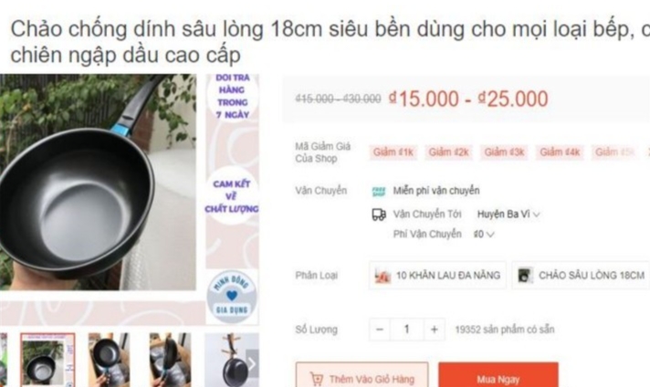 Chảo chống dính giá chỉ 25.000 đồng được bán trên các sàn thương mại điện tử.