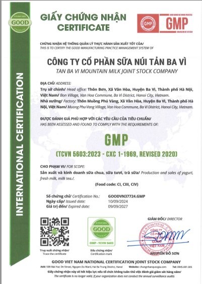 Giấy chứng nhận GMP được đăng tải trên website https://suanuitan.com của CTCP sữa Núi Tản Ba Vì. Giấy chứng nhận GMP được đăng tải trên website https://suanuitan.com của CTCP sữa Núi Tản Ba Vì.