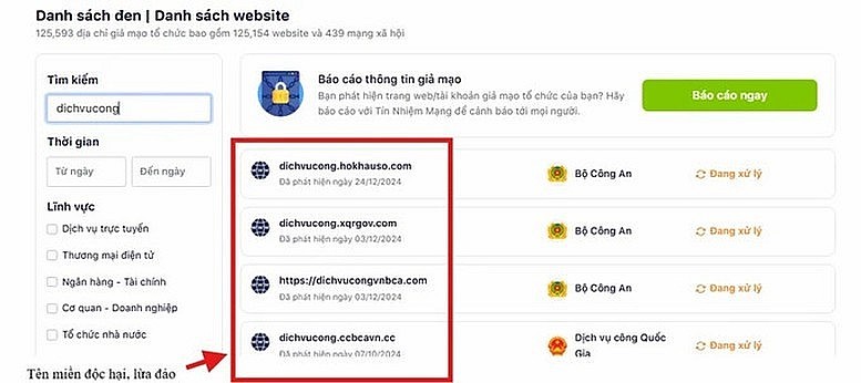 Hệ thống hiển thị danh sách các tên miền độc hại, lừa đảo - Ảnh chụp màn hình Hệ thống hiển thị danh sách các tên miền độc hại, lừa đảo - Ảnh chụp màn hình