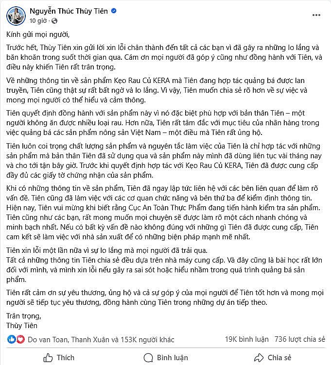 undefined Công ty Chị Em Rọt, Hoa hậu Thùy Tiên lên tiếng giữa ồn ào về kẹo rau củ Kera