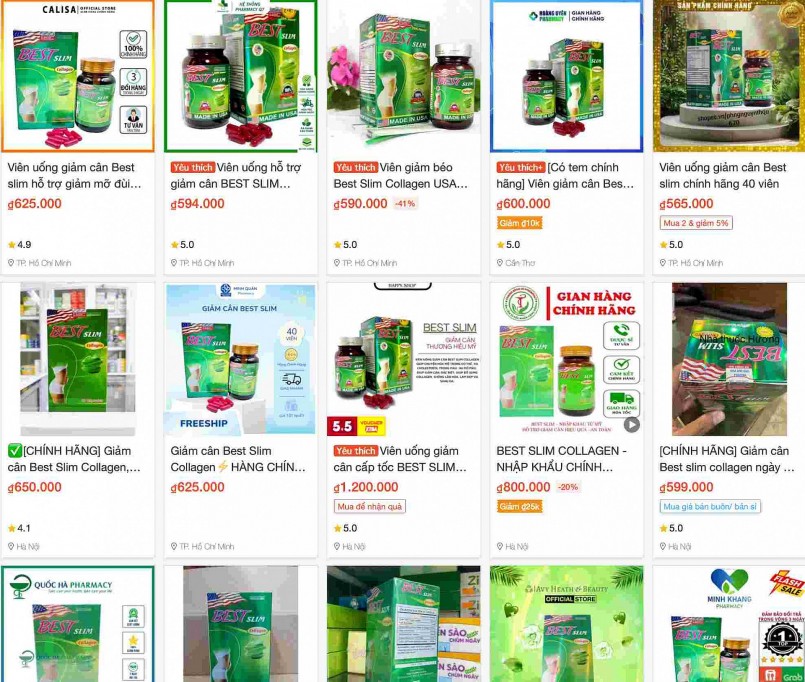 Hàng chục địa chỉ bán hàng trên Shopee đăng bán loại sản phẩm Best Slim Collagen. Ảnh: Thùy Linh