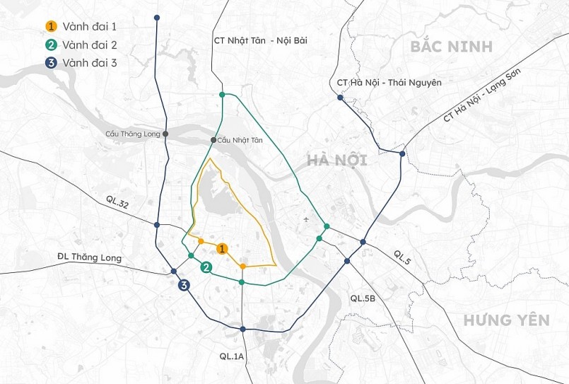 Các vành đai 1, 2, 3 tại Hà Nội. Đồ họa: Hoàng Khánh Các vành đai 1, 2, 3 tại Hà Nội. Đồ họa: Hoàng Khánh
