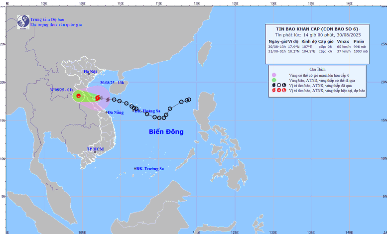 Dự báo đường đi của bão số 6 (Nguồn: Trung tâm Dự báo Khí tượng Thủy văn). Dự báo đường đi của bão số 6 (Nguồn: Trung tâm Dự báo Khí tượng Thủy văn).