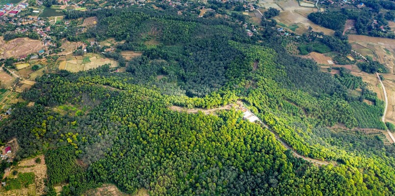 Con đường gạch với 345 bậc thoai thoải dẫn lên đỉnh núi như một dải lụa mềm mại, uốn lượn giữa màu xanh bạt ngàn của cây lá. Con đường gạch với 345 bậc thoai thoải dẫn lên đỉnh núi như một dải lụa mềm mại, uốn lượn giữa màu xanh bạt ngàn của cây lá.