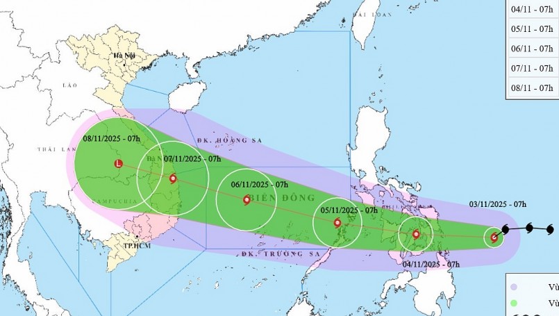 Bản đồ dự báo đường đi, khu vực ảnh hưởng của bão Kalmaegi. (Nguồn: NCHMF) Bản đồ dự báo đường đi, khu vực ảnh hưởng của bão Kalmaegi. (Nguồn: NCHMF)