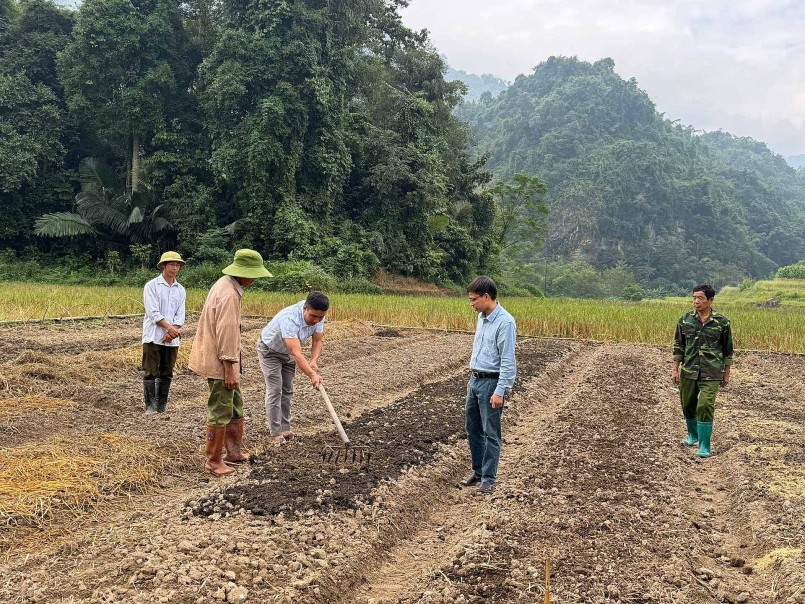 Cán bộ xã Khun Há hướng dẫn người dân Bản Hon kĩ thuật trồng, chăm sóc các loại rau tăng vụ.