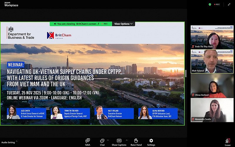 Các diễn giả tham gia và trao đổi, thảo luận tại Hội thảo trực tuyến “Tối ưu chuỗi cung ứng Anh - Việt: Hướng dẫn chi tiết về Quy tắc xuất xứ trong CPTPP giúp doanh nghiệp tăng tốc xuất khẩu”. Ảnh chụp màn hình