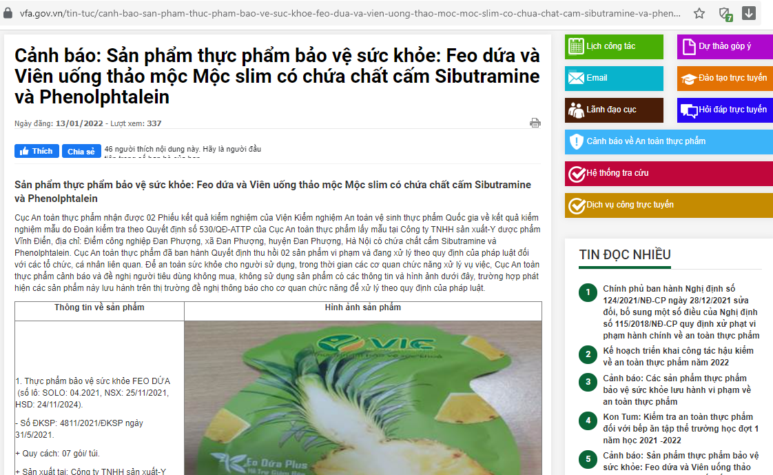 Cảnh báo: Sản phẩm TPBVSK Feo dứa và Viên uống thảo mộc Mộc slim có chứa chất cấm