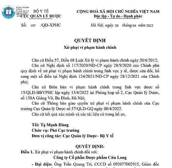 Dược phẩm Cửu Long bị xử phạt do sản xuất thuốc Dectracyl vi phạm chất lượng