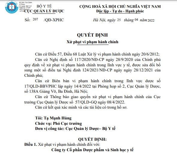 quyết định số 207/QĐ-XPHC xử phạt vi phạm hành chính với Công ty cổ phần Dược phẩm và sinh học y tế
