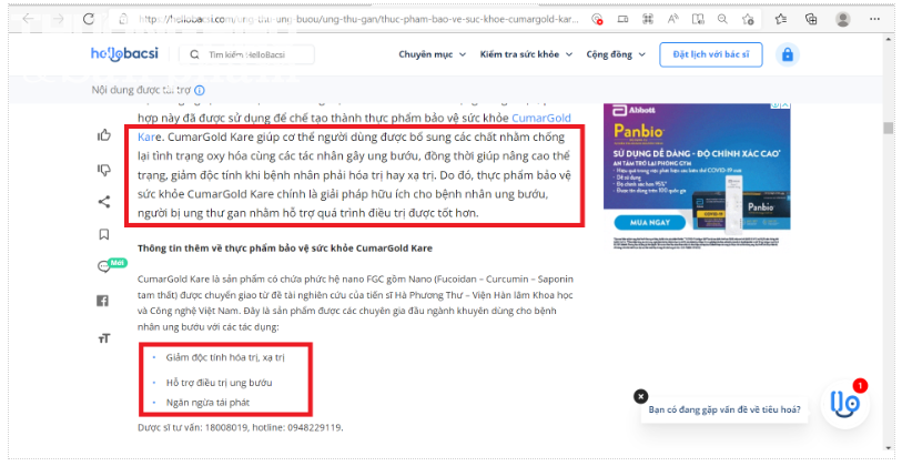 Cảnh báo: TPBVSK Cumar Gold Kare quảng cáo gây hiểu nhầm như thuốc chữa bệnh