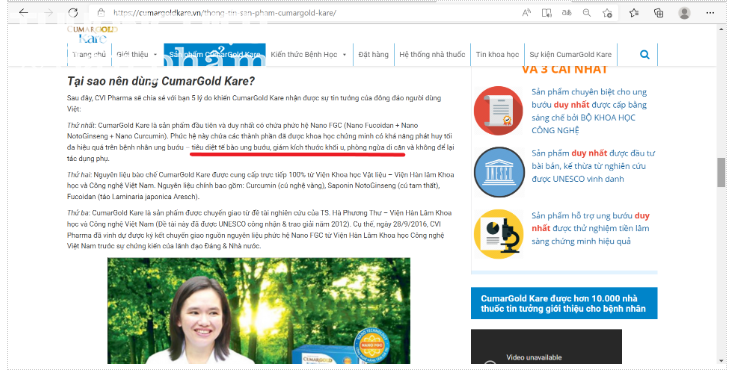 Cảnh báo: TPBVSK Cumar Gold Kare quảng cáo gây hiểu nhầm như thuốc chữa bệnh