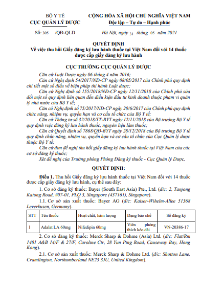 Thu hồi Giấy đăng ký lưu hành 14 loại thuốc tại Việt Nam Thu hồi Giấy đăng ký lưu hành 14 loại thuốc tại Việt Nam