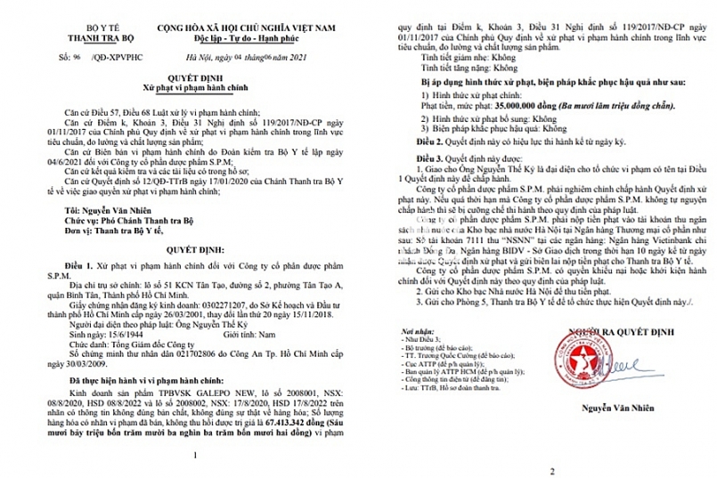 Quyết định xử phạt vi phạm hành chính số 96/QD0-XPVPHC ngày 04/6/2021 của Thanh tra Bộ Y tế Quyết định xử phạt vi phạm hành chính số 96/QD0-XPVPHC ngày 04/6/2021 của Thanh tra Bộ Y tế