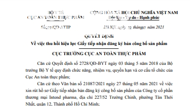 Thu hồi hiệu lực Giấy tiếp nhận đăng ký bản công bố sản phẩm TPBVS Fiber Intend