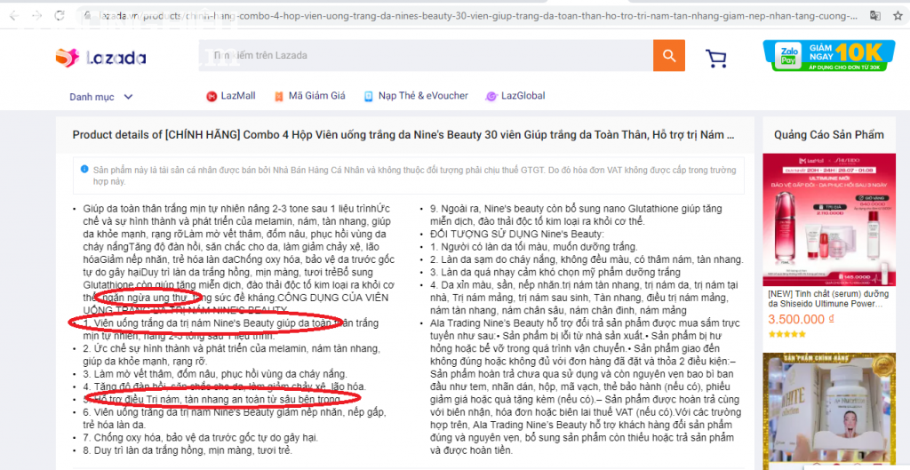 Sàn thương mại Lazada quảng cáo về sản phẩm Nine’s Beauty như một loại thuốc chữa bệnh