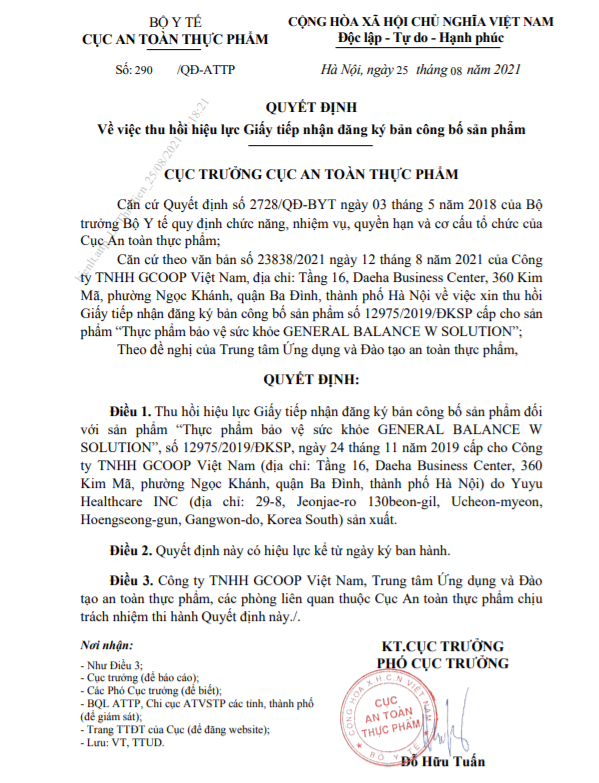 Thu hồi đăng ký bản công bố sản phẩm General Balance W Solution