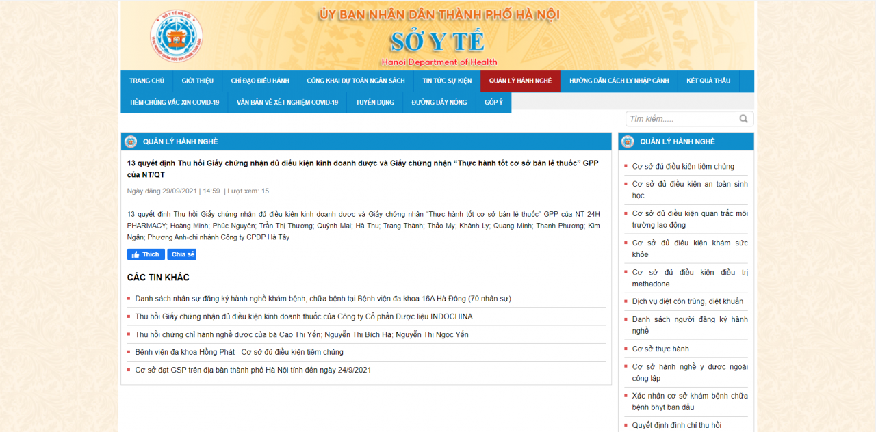 Sở Y tế Hà Nội yêu cầu 13 cơ sở chấm dứt hoạt động kinh doanh Dược tại TP. Hà Nội