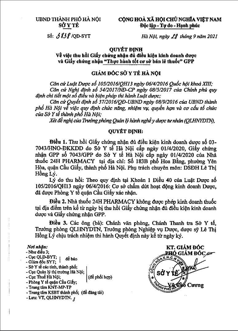 Sở Y tế Hà Nội thu hồi Giấy chứng nhận của 13 cơ sở kinh doanh Dược