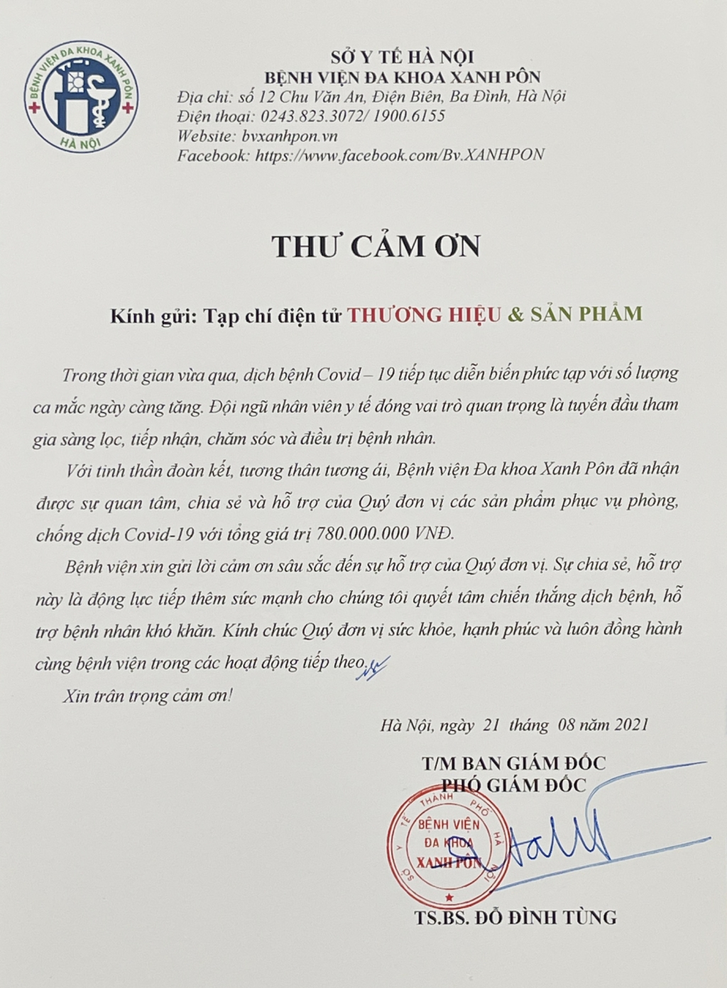 Tạp chí Thương hiệu và Sản phẩm chung tay cùng Bệnh viện Xanh Pôn trong công tác phòng, chống dịch COVID-19