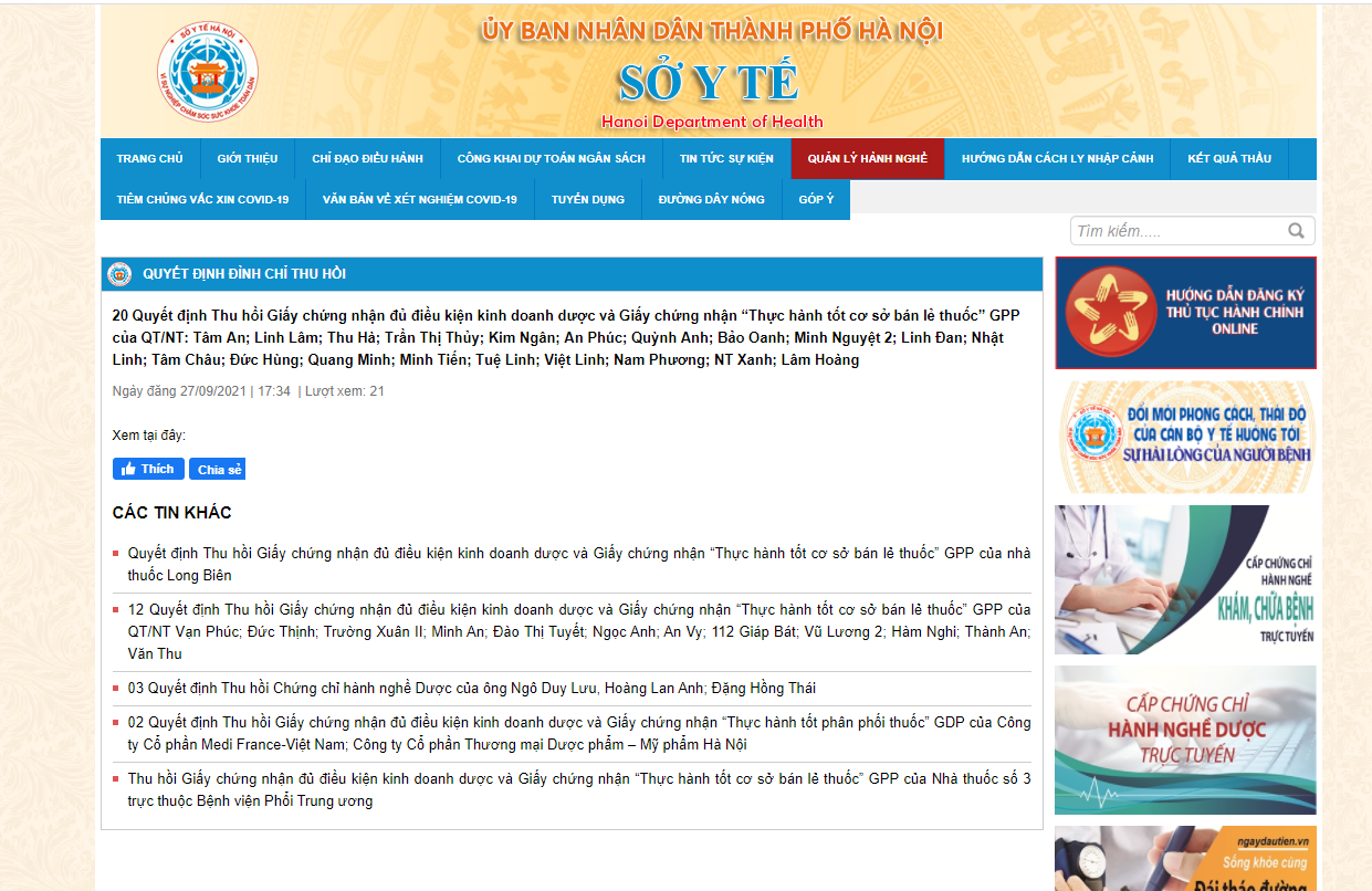 Sở Y tế Hà Nội thu hồi giấy phép 20 cơ sở kinh doanh Dược