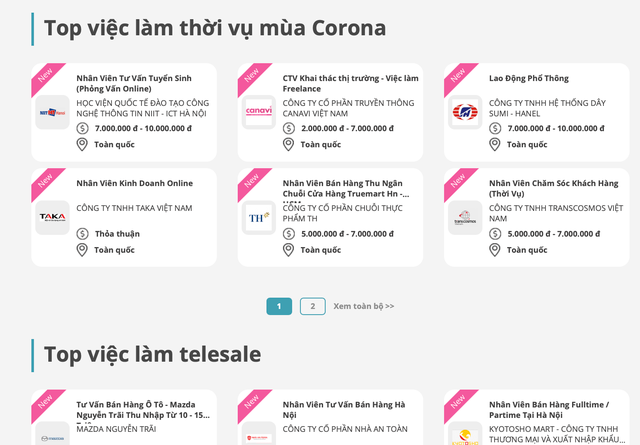 Những công việc được tuyển dụng trên Website của Canavi